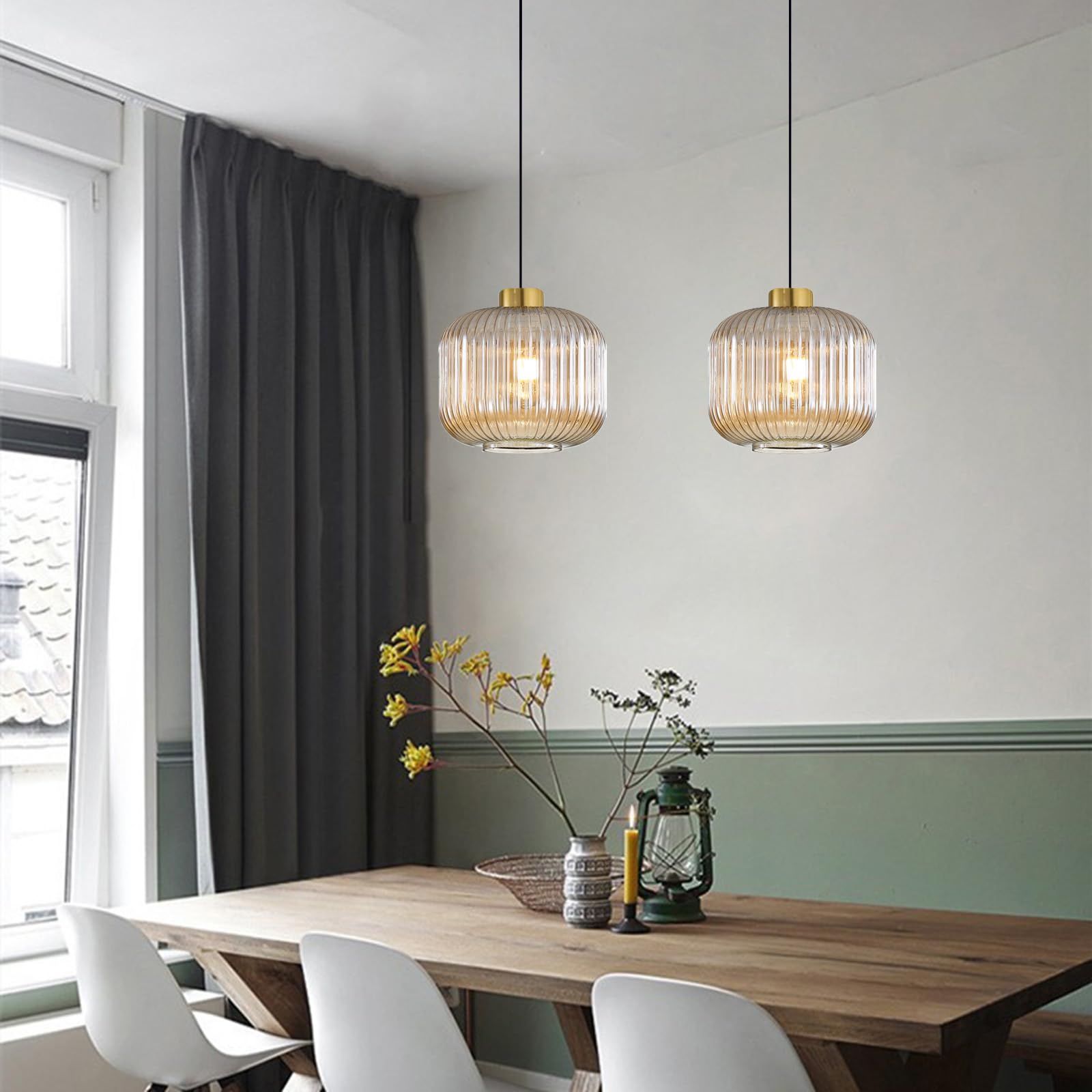 Lampadario Moderno in Vetro Rigato con Finitura Dorata e Cavo Nero, Eleganti Lampade a Sospensione per Sala da Pranzo, Camera da Letto o Cucina (Ambra, 24cm)