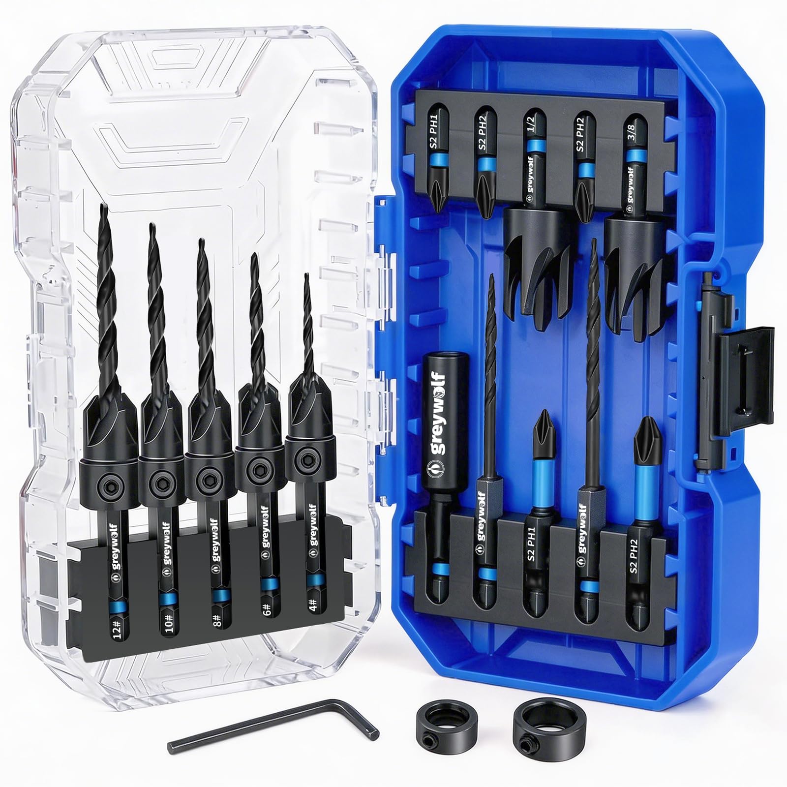 Greywolf 18-tlg Senkbohrer-Set, Senkbohrer Holz, Mit Zentrierbohrer Holzdübelschneider，S2-Bits，Zweischneid-Design，HSS Kegelsenker Set，Größen #4, #6, #8, #10, #12，Aufbewahrungskoffer