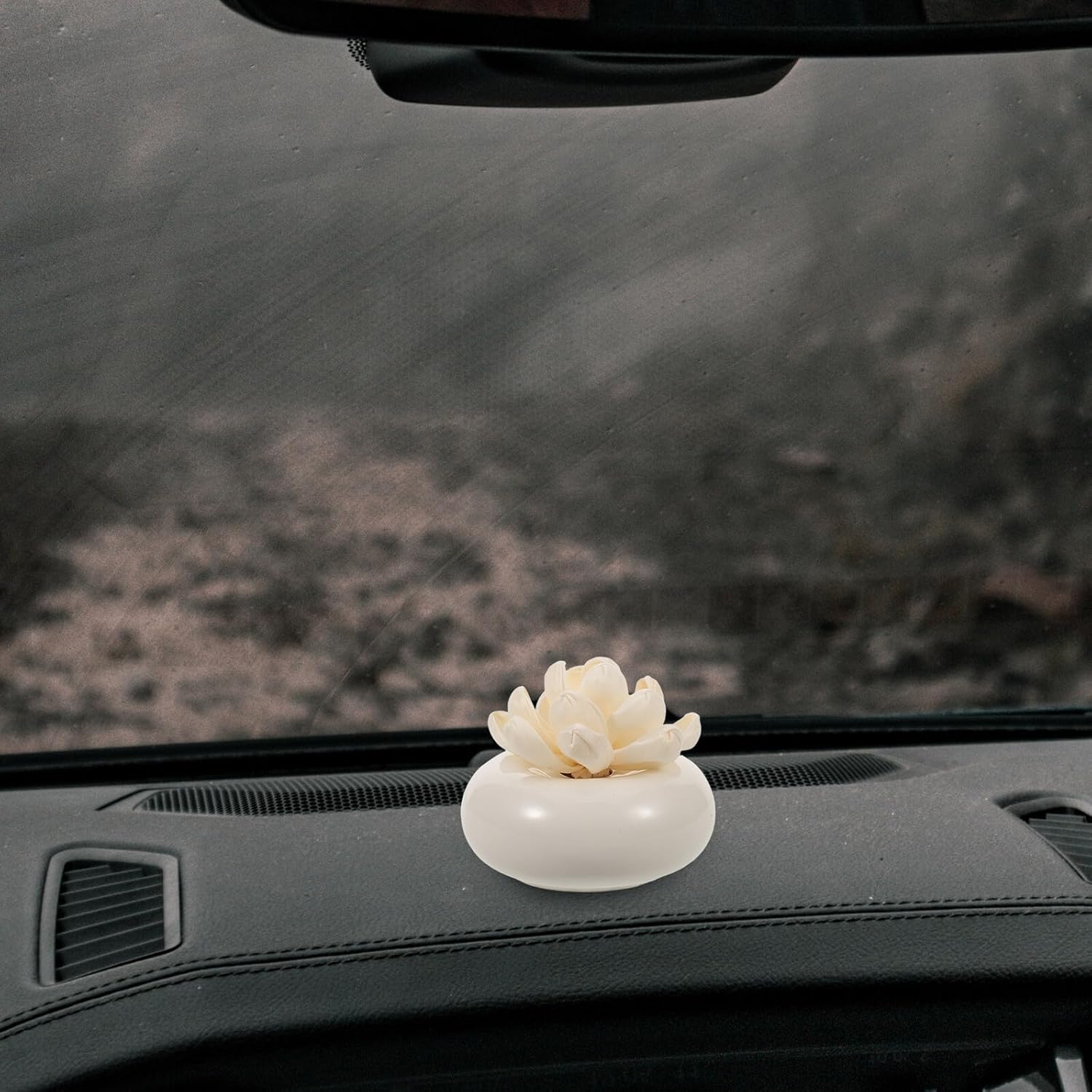 Ceramic Passive Aroma Diffuser Stone with White Floral Paper Flower, Small Floral Essential Oil Diffuser for Car Dashboard and Bathroom, Home Fragrance Decor, Scent
