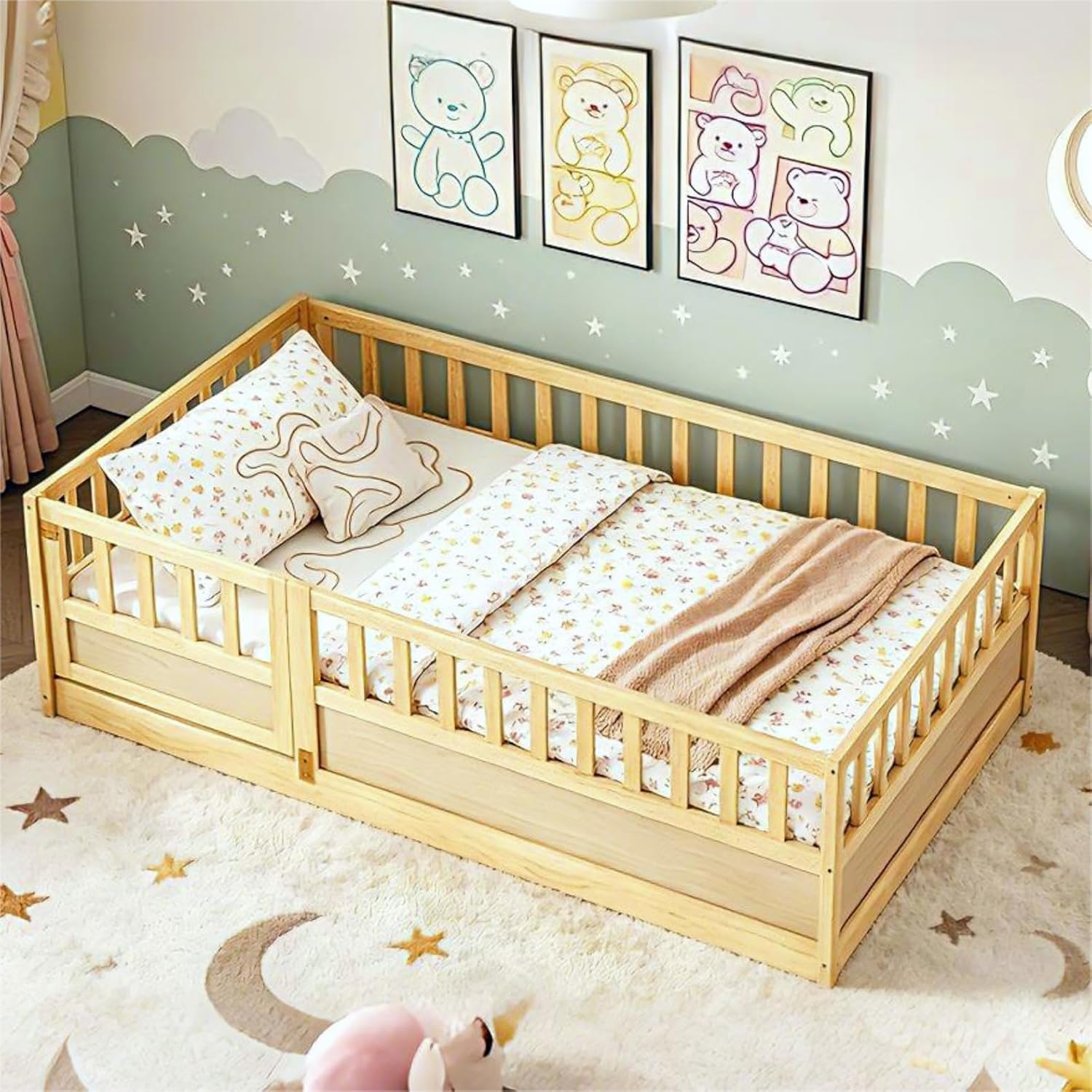 Bellemave Twin Montessori Floor Bed with 21.4" High Guardrails & Door, Wooden Twin Floor Bed Frame for Kids, Low Profile Twin Size Floor Bed Frame for Nursery, Montessori Beds with Slats, Natural