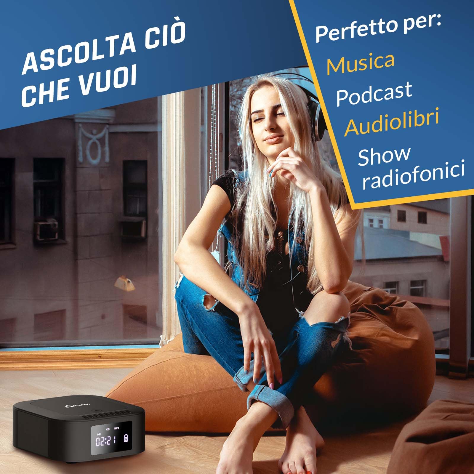 KLIM Lettore CD Stereo Boombox E1 - BASS Boost con Subwoofer - FM Radio con Lettore CD e USB, Bluetooth, AUX - Stereo casa - Filo o Wireless - Batteria ricaricabile, Telecomando - Nero/Argento