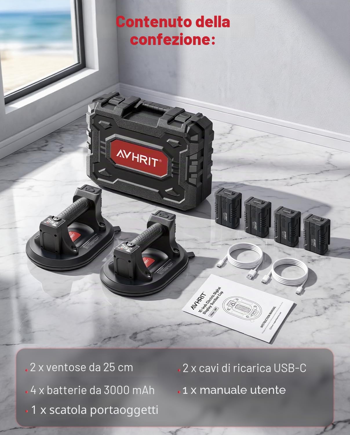 Ventosa per Piastrelle Elettrica, Ø24.5 cm Ventose per Vetro con 4x Batterie 3000mAh, 250KG Max, Schermo LCD, Ventosa a Batteria per Potenza di Aspirazione