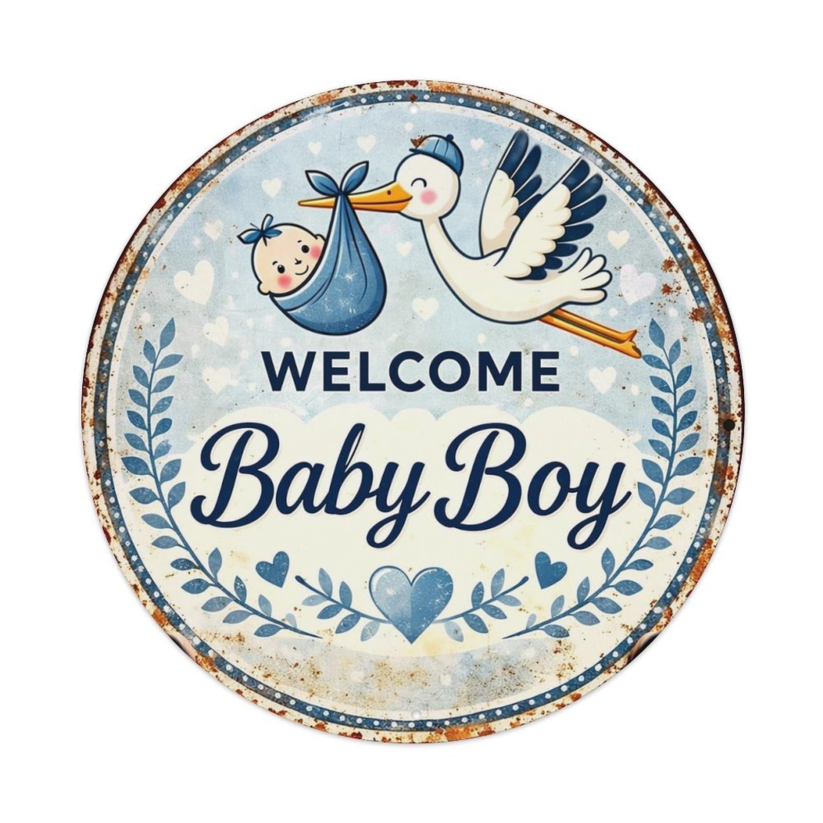 Stork Carrying Baby Boy With Hearts Vintage Round Tin Sign Retro Metal Wall Decor Metal Poster, Home Bar Garage Farmhouse Cafe Wall Art Decoration 8x8Inch