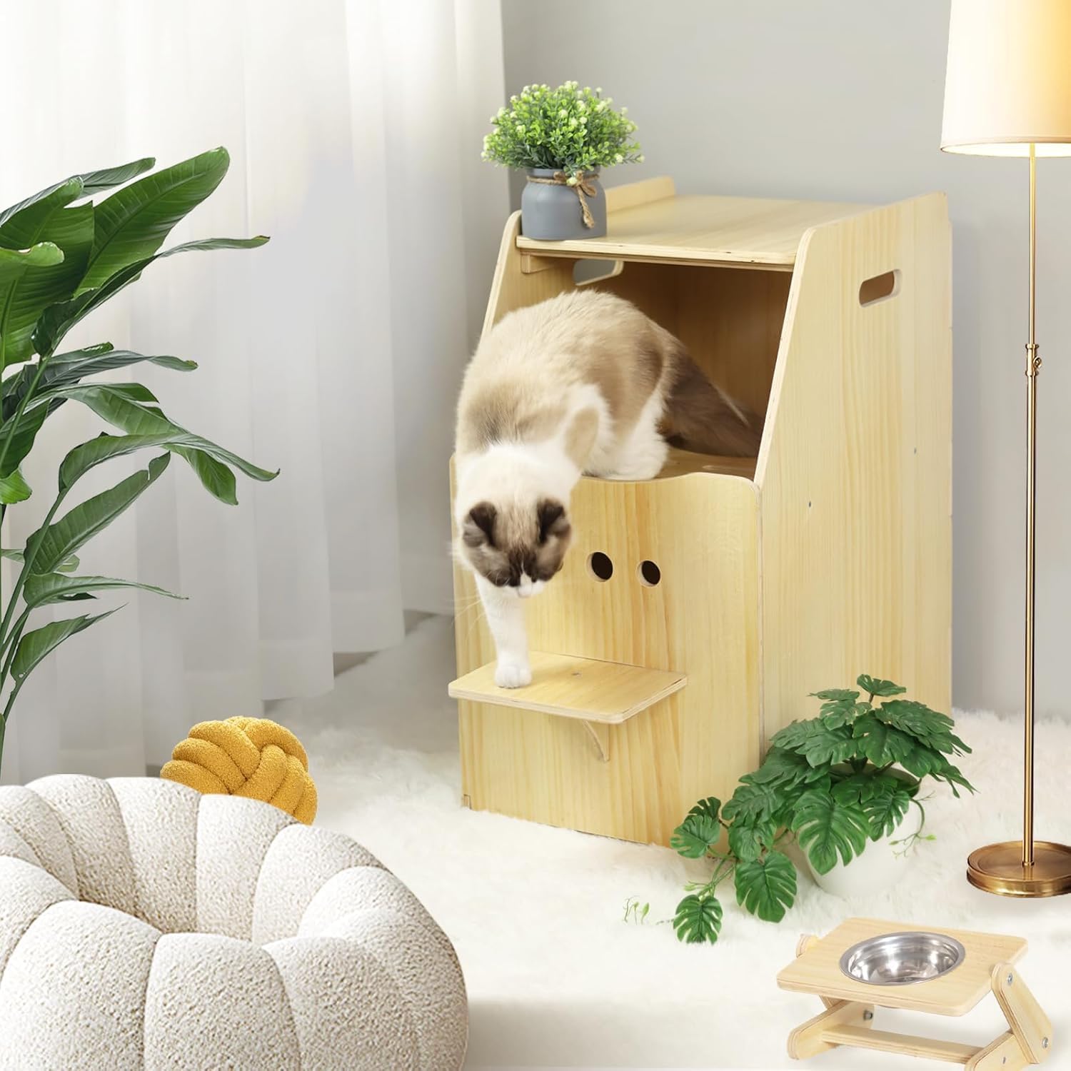 Top Entry Cat Litter Box,Tall Enclosed Enclosure Furniture with Stairs for Cats,Wooden Washroom with Filter for Kitty,Best Hidden,Dog Free, Odor Hiding Cabinet, 21.7 x16.1 x 28.7(White)