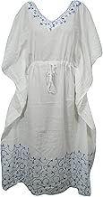 Mogul Interior Womens Caftan Maxi Dress Cotton Voile Embroidered Cover Up Kaftan L White