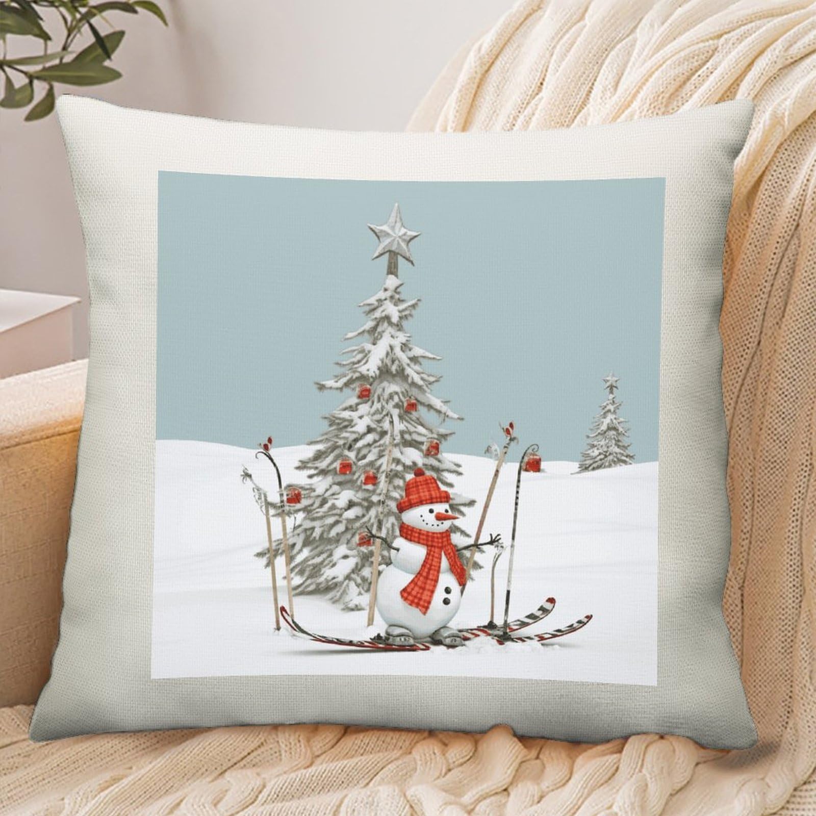 Adfgyerh Style Skiing Christmas Tree Pillow Cover Breathable,Pillowcases Boho Decorative Envelope Closure,Throw Pillow Covers For Beach,Patio,Balcony,Couch Living Room 16 * 16In