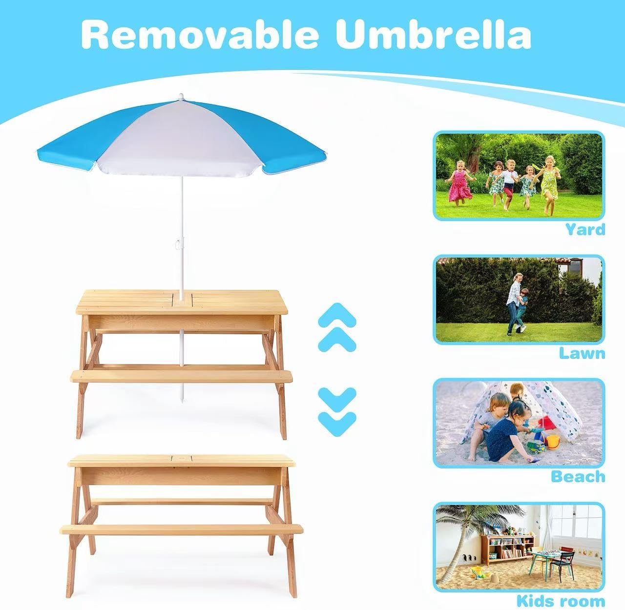 The Three-in-one Multi-Functional Outdoor Wooden Picnic Table and Sunshade Umbrella Integrate the Functions of a Picnic, Sand and Water Games, and an Activity Table. Picnic, Garden, Balcony. (Brown)
