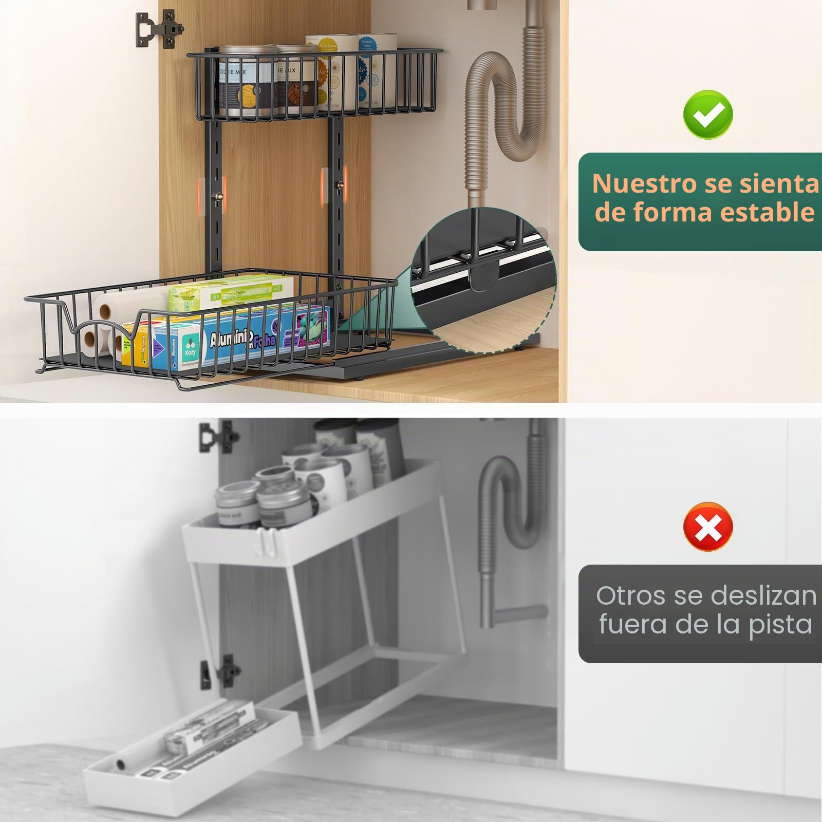 Organizador de almacenamiento para fregadero, cesta deslizante extraíble de 2 niveles, estante de cajón metálico, estantes organizadores multiusos