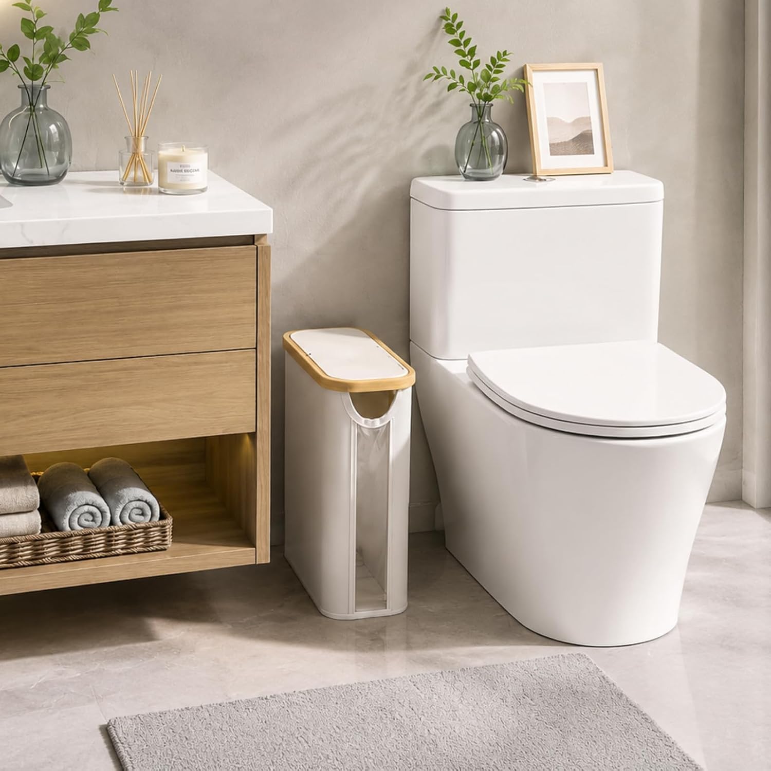 Oxford Fabric Toilet Paper Storage Basket with Lid, Free‑Standing Organizer Basket for Toilet Paper for RV Bathroom (Beige)