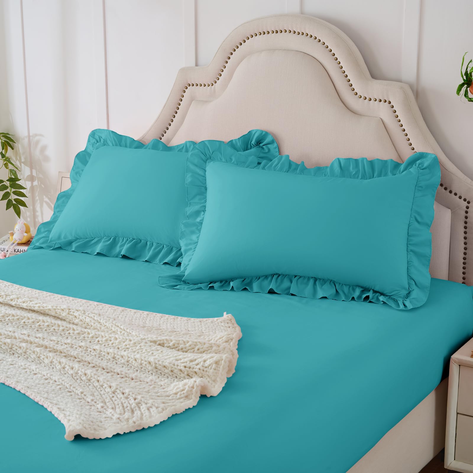 Homiest 2-Pieces Ruffle Pillow Case &amp; Fitted Sheet Set, Teal Blue Twin Sheets with Ruffled Pillow Shams, 15 Inch Deep Pocket, Cute &amp; Coquette Microfiber Bed Set for Decorating Bedroom Hotel