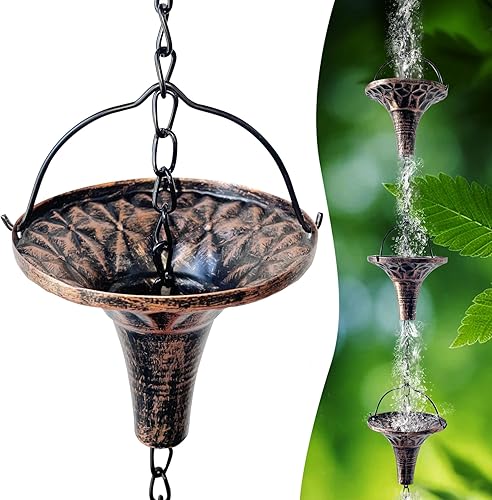 CBAXEAXM Cadenas de lluvia para exteriores, cadena de canalón de 8.6 pies con 12 copas de embudo, cadena colectora de lluvia de repuesto para