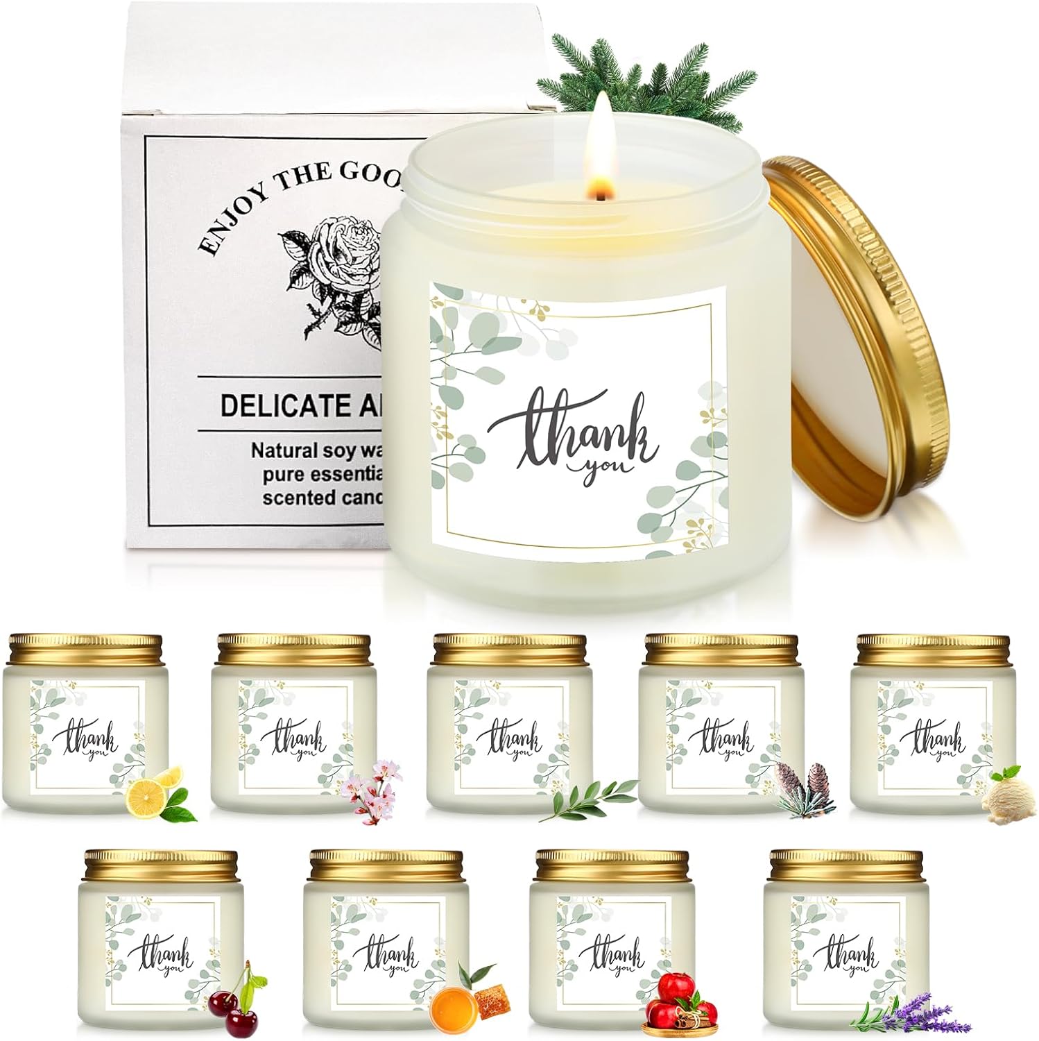 Coume 10 Pcs Thank You Gifts Candles 3.5 oz Employee Appreciation Gifts Bulk Soy Wax Scented Jar Candles for Social Worker Friend Boss Staff Volunteer Teacher 10 Fragrance(Fresh Scent)
