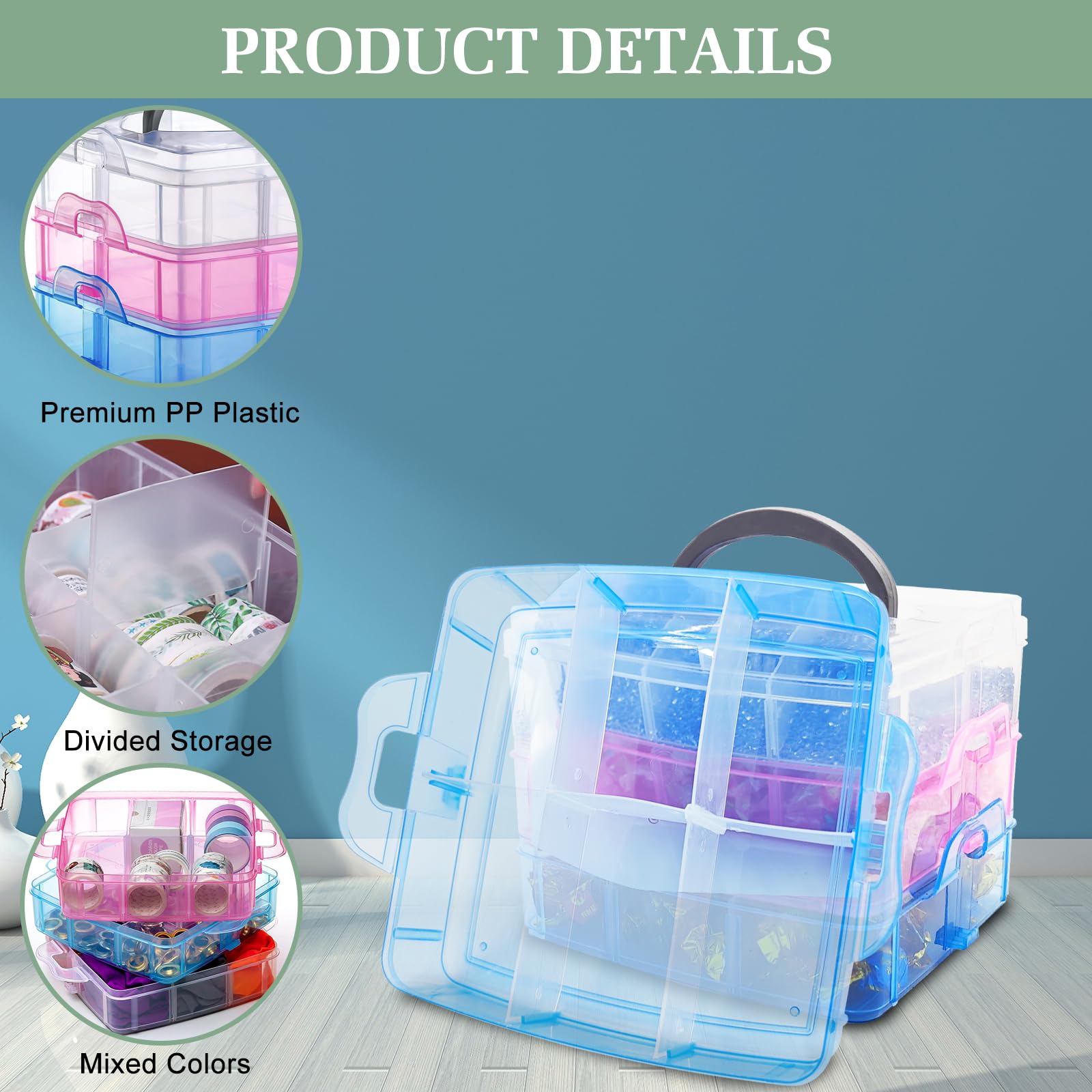 3-Tier Craft Storage Box, Adjustable Storage Box with 18 Compartments, Plastic Detachable Storage Space Box - Image 3