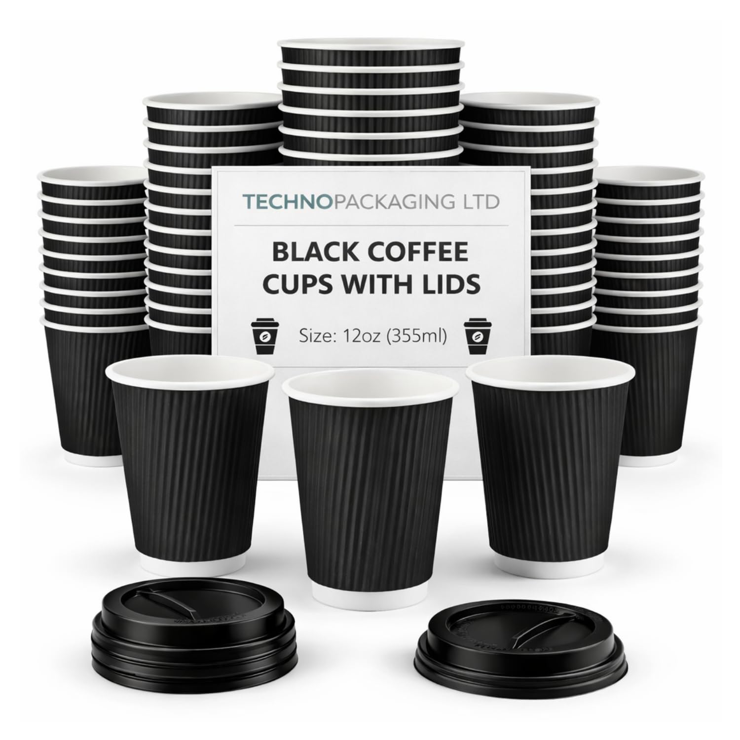 12 oz Black Disposable Kraft Paper Ripple Cups with Lids - Pack of 300 Insulated Triple Wall Takeaway Drinking Cup - Great for Coffee, Tea, and Hot Drinks - Reusable, Leak Proof Travel or Office Cups — image 1