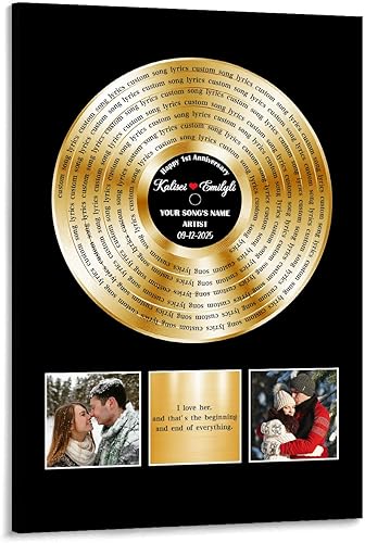 Miniatura 16 de Weyrucvv Placa de disco de vinilo dorada personalizada, letras de canciones musicales personalizadas, cartel de lienzo con fecha de nombre de foto,