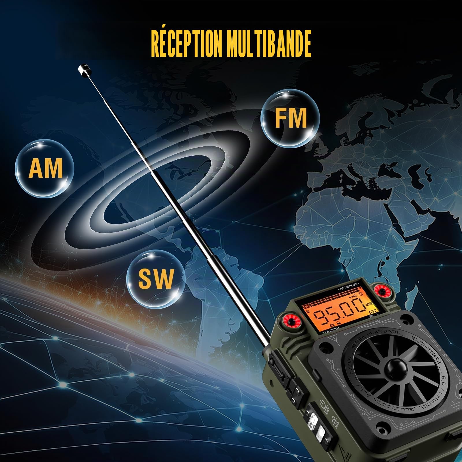 Raddy RF750 Plus AM FM SW Radio Portable à Ondes Courtes, Mini-Radio avec contrôle par Application, 297 Stations préréglées, Batterie remplaçable, antenne Type T, Alarme SOS pour Camping et urgences