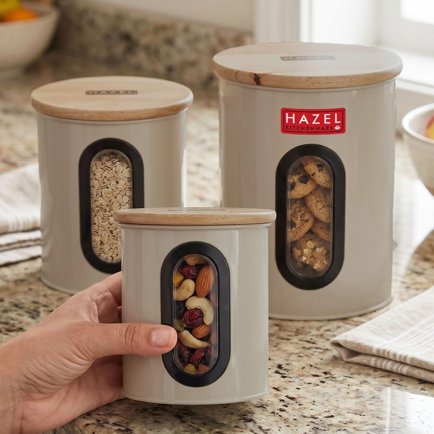 HAZEL Airtight Container with See Through Window & Wooden Lid, Set of 3 | Kitchen Storage Canisters