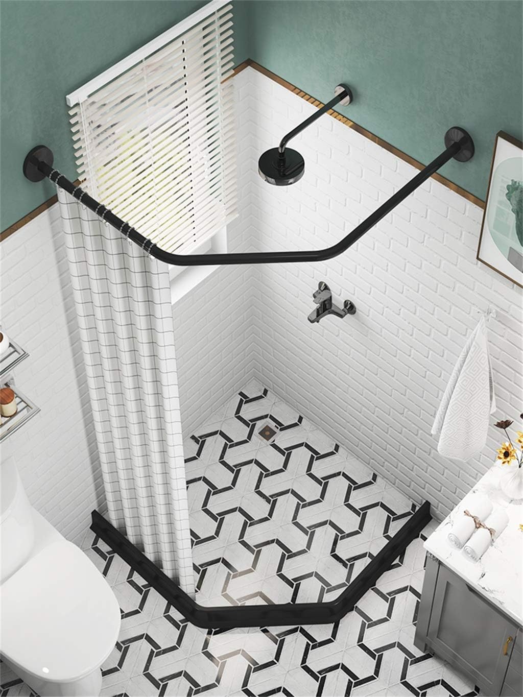 Shower Curtain Rod, L-shaped Shower Curtain Rod，Shower Rod Adjustable Diamond Shaped Shower Curtain Rod Pole, Wall Mounted Corner Shower Curtain Rod, Stainless Steel, For Bathroom Clothing Store Black