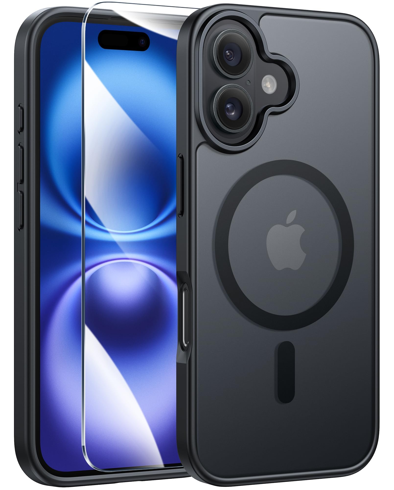 FNTCASE for iPhone 16 Phone Case: Magnetic Translucent Matte Shockproof Slim Cell Phone Cover - Military Grade Drop Proof Hard Back Anti-Fingerprint Protective Case (6.1 inch/Black)