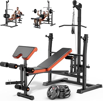 XDDIAS 9-in-1 Olympic Weight Bench Set with Lat Pulldown, Rowing, Squat Rack, Leg Extension/Curl, Preacher Pad, 900LB Adjustable Bench Press for Home Gym Weight Lifting Full-Body Workout