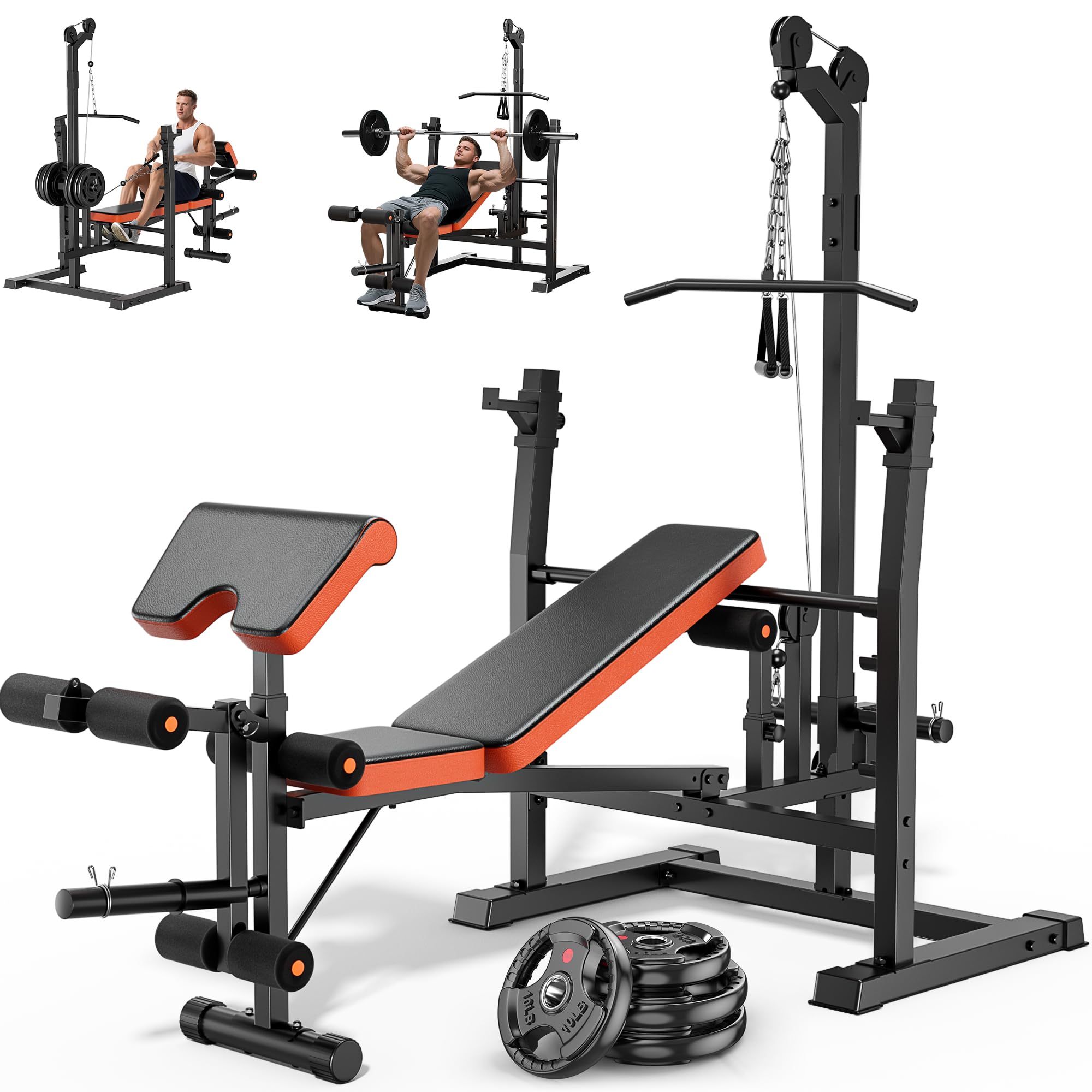 XDDIAS 9-in-1 Olympic Weight Bench Set with Lat Pulldown, Rowing, Squat Rack, Leg Extension/Curl, Preacher Pad, 900LB Adjustable Bench Press for Home Gym Weight Lifting Full-Body Workout
