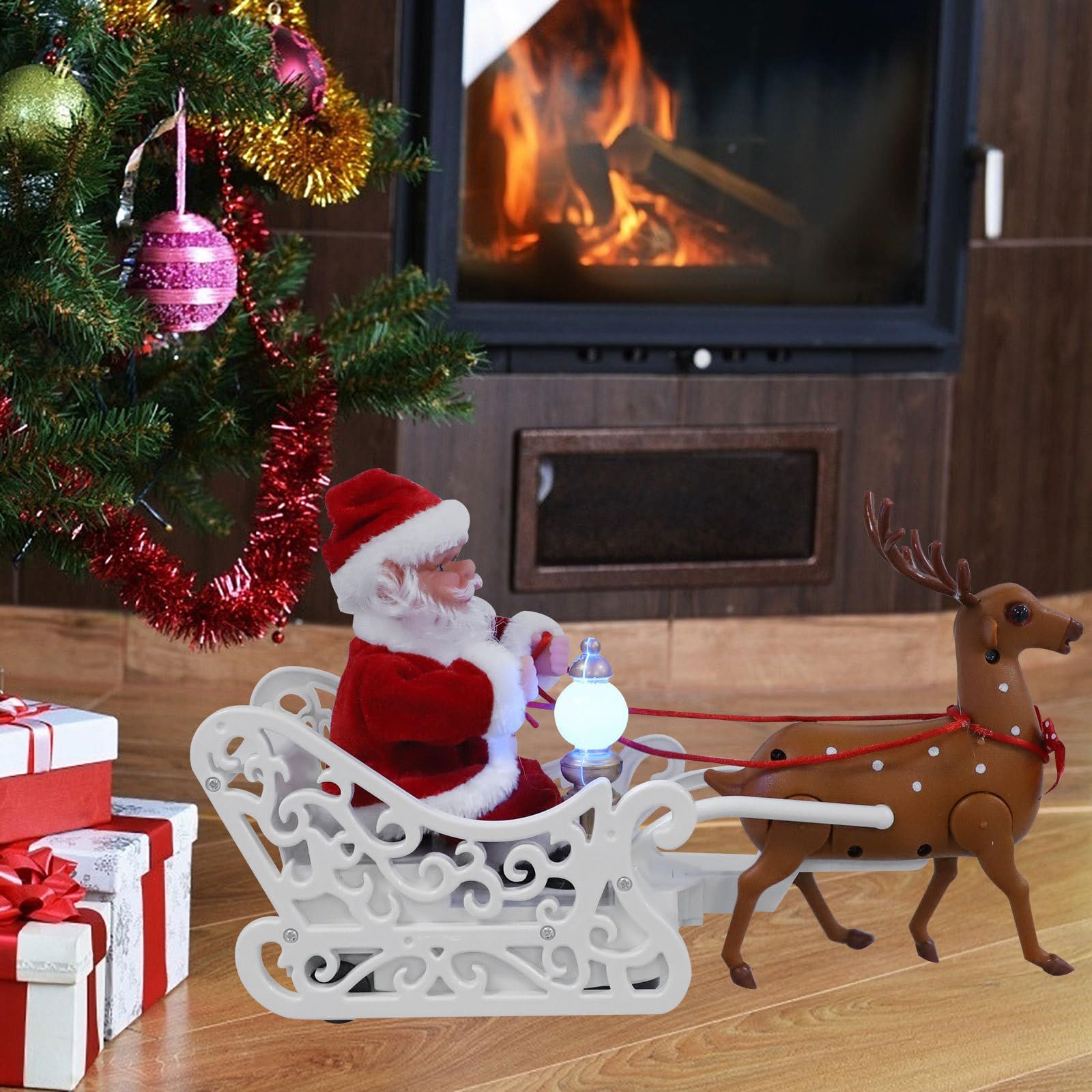 Sewroro Figura Eléctrica de Papá Noel Reno y Trineo, Adorno Navideño Rojo