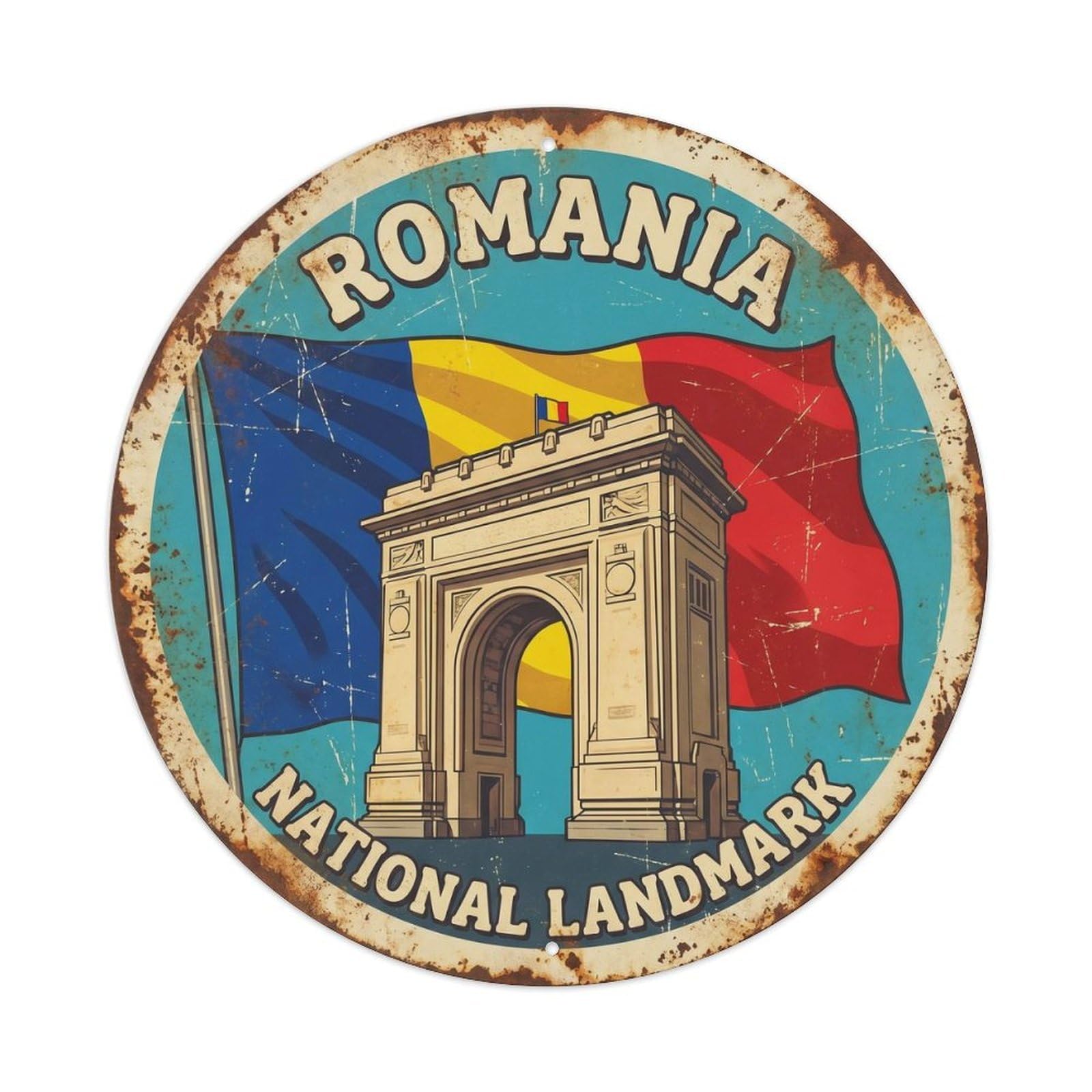 Fqcyn Style Vintage Travel Romania Triumph Landmark Metal Tin Sign
