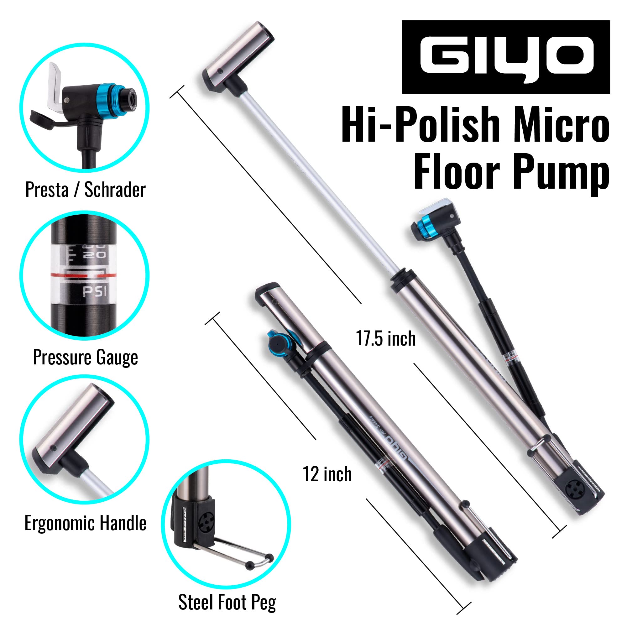 GIYO GM741 Hochpräzise Fahrradpumpe mit Manometer – Tragbare Standpumpe, langlebig & leicht für Mountainbikes & Rennräder, 140 PSI, universelle Ventilkompatibilität