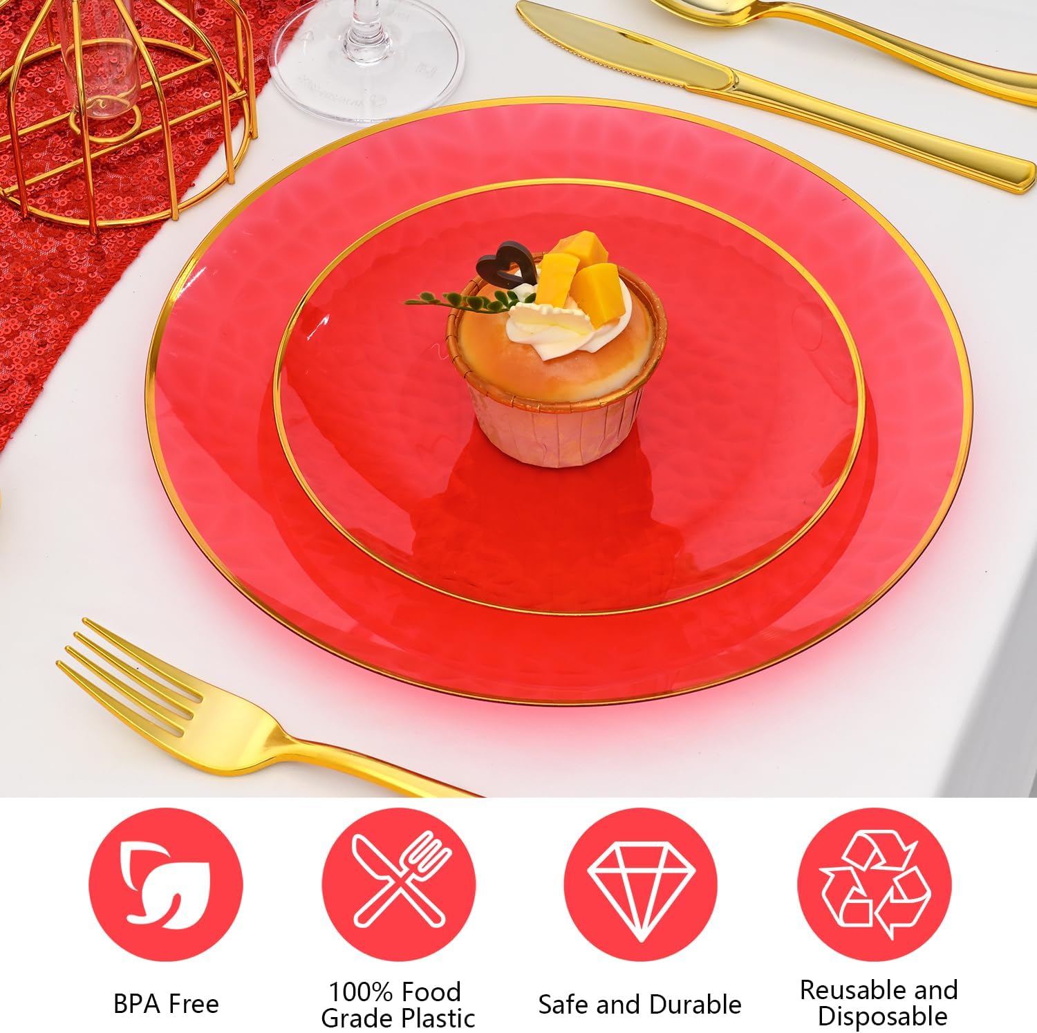 72pcs Red Plastic Plates with Gold Rim, Red Disposable Hammered Party Plate Includes 36 Dinner and 36 Dessert Plates for Wedding Party(36 Guests)