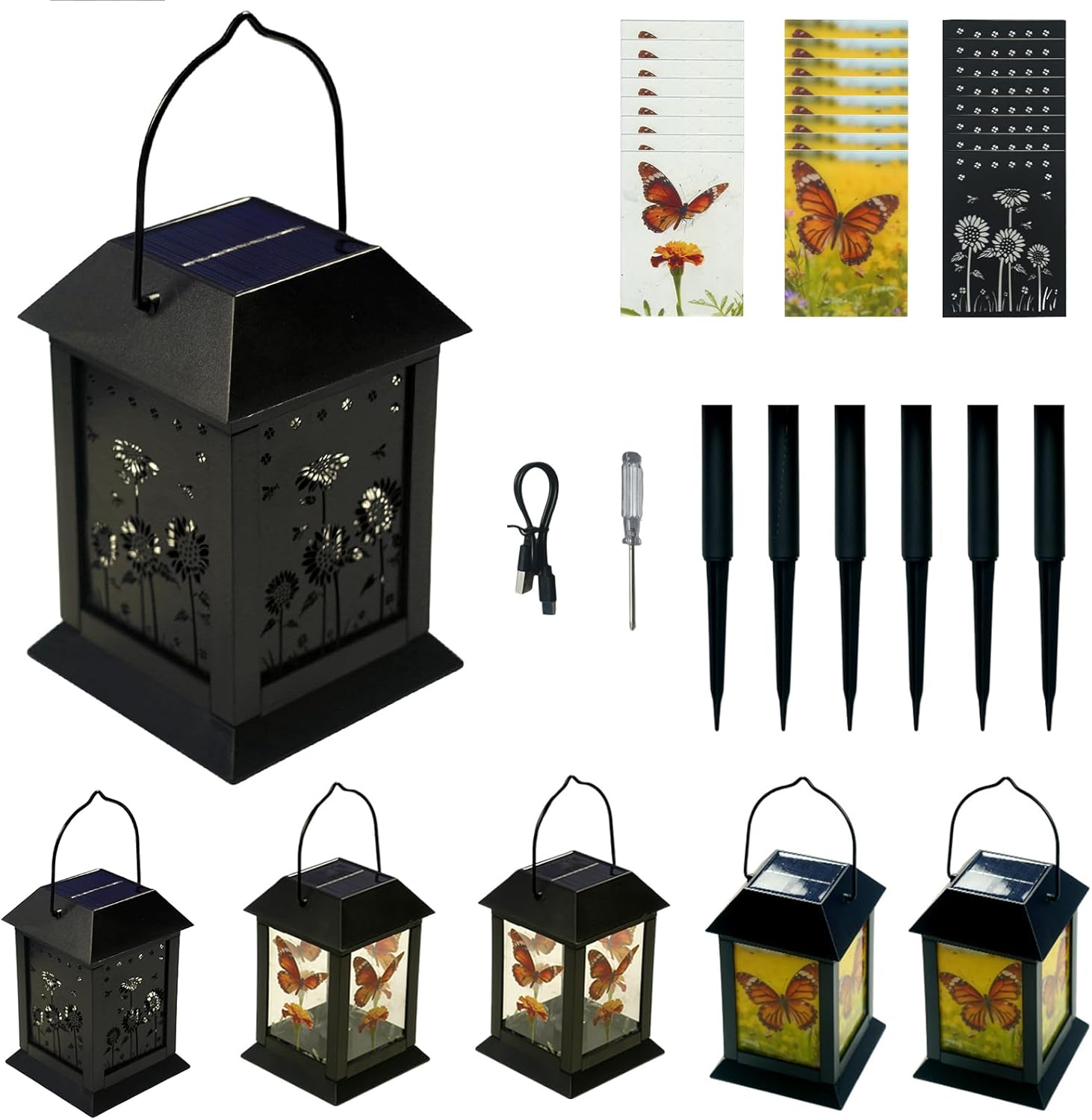 Solar Lanterns - 6 Pack Waterproof Outdoor Solar Lanterns, Hanging Solar Lights with Type-C Charging Port and Ground-Mounted Light Poles for Yard, Patio, Lawn, Pathway, Garden Decor (6 Pack)