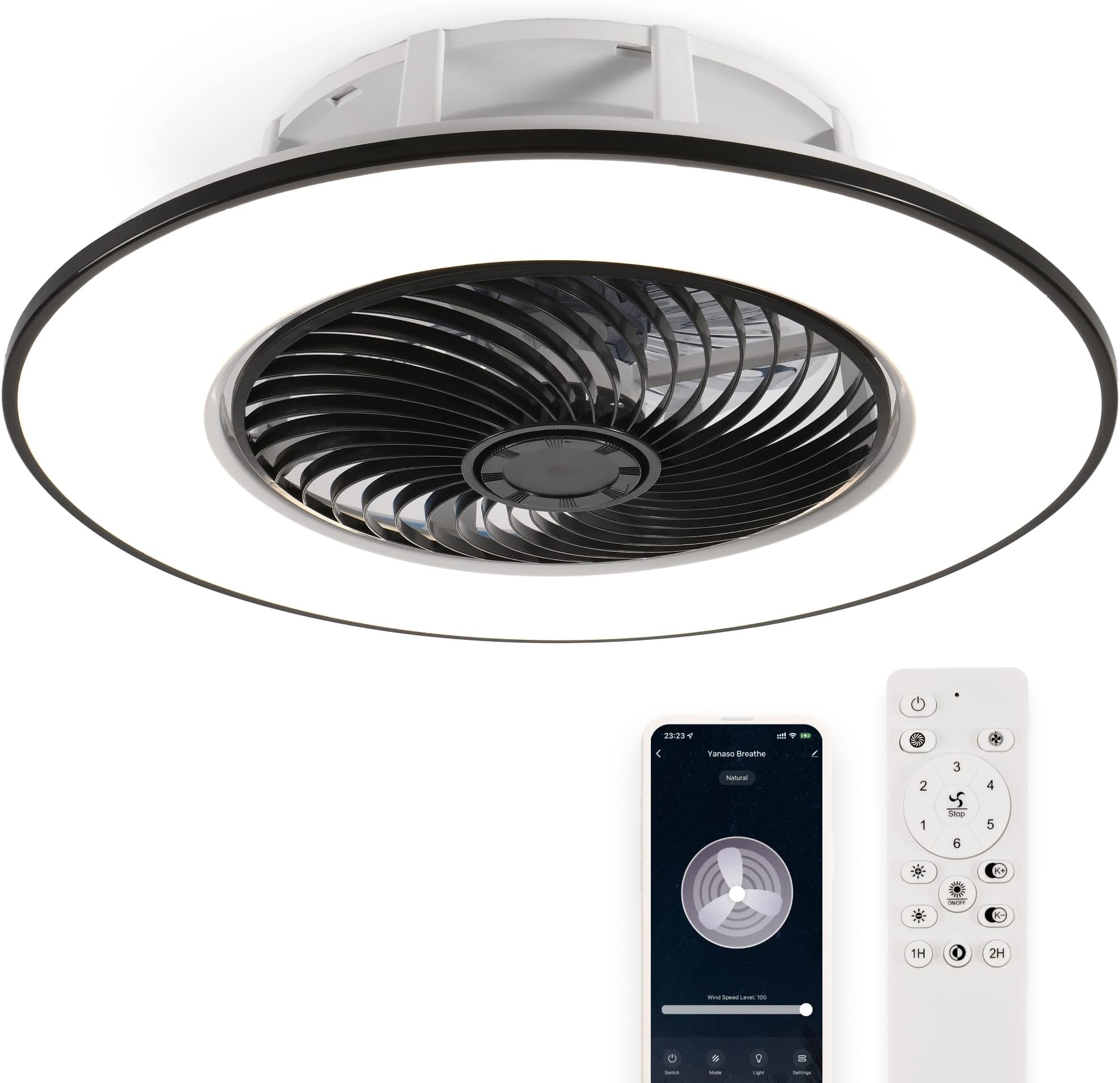 Bladeless Ceiling Fan With Light - Standard Black, Smart LED Dimmable Lighting, Remote Control, Indoor Low Profile Flush Mount