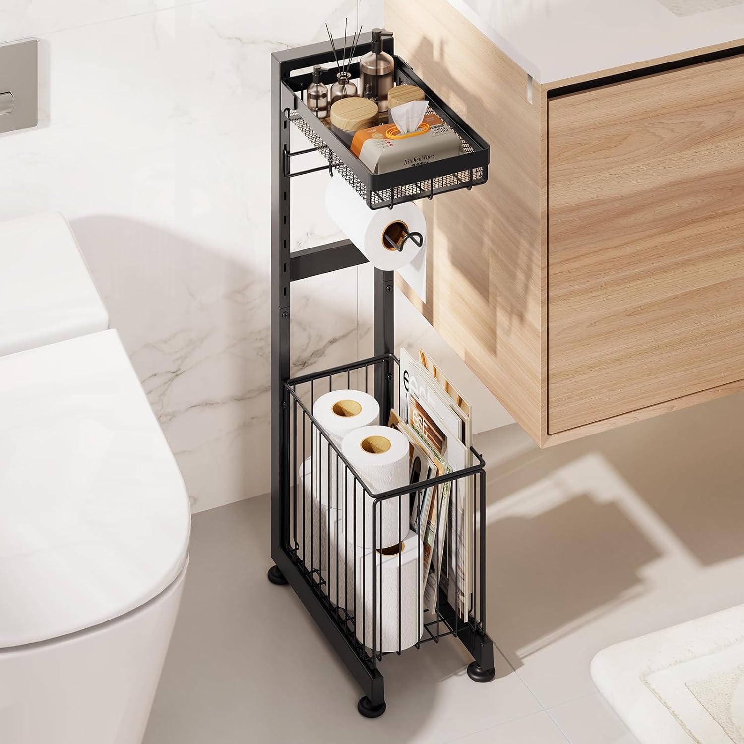 Black Toilet Paper Holder Stand with Adjustable Shelf & Storage – Freestanding Metal Bathroom Organizer with Large Basket for Tissue Rolls, Wipes, and Magazines(Dark Black)