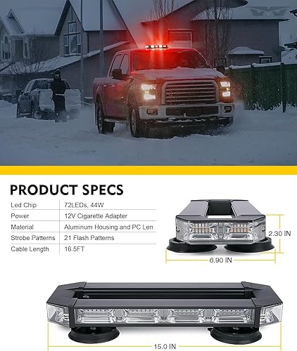 Miniatura 7 de LUMENIX Barra de luces estroboscópicas para techo, barra de luces LED de seguridad de tráfico de emergencia blanca y roja con base magnética de alta