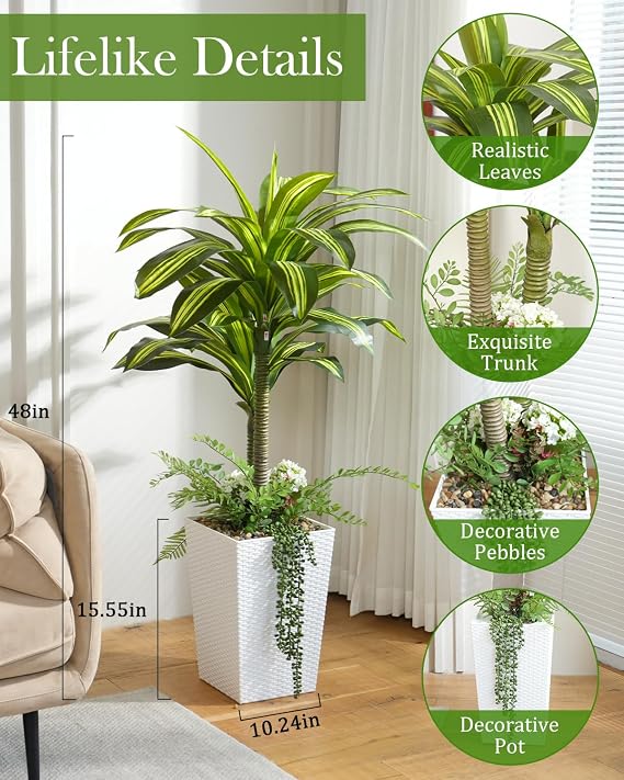 Artificial Plants Indoor, 4FT Tall Fake Tree with White Tall Planter, Artificial Dracaena Tree for Living Room Office Home Decorations Housewarming Gifts