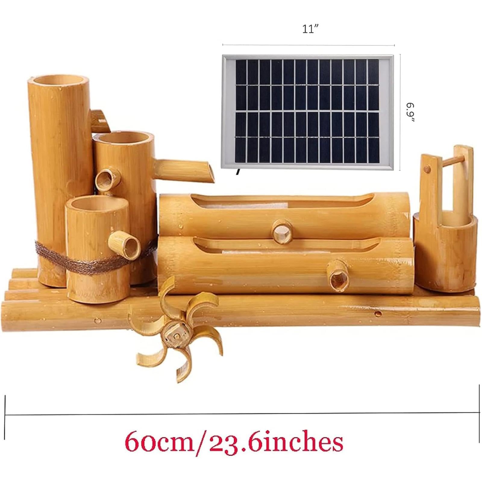 Fontana Solare, Fontana da Esterno con Pompa dell'Acqua, Fontana in bambù in Stile Feng Shui Zen, Decorazione per Giardino Giapponese, Ideale per abbeveratoi per Uccelli, laghetti e acquari.