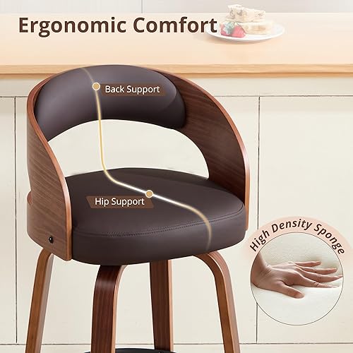 Miniatura 4 de Juego de taburetes de bar giratorios de piel sintética de 1,26 pulgadas, taburete de bar tapizado de altura de mostrador con respaldo, silla de bar