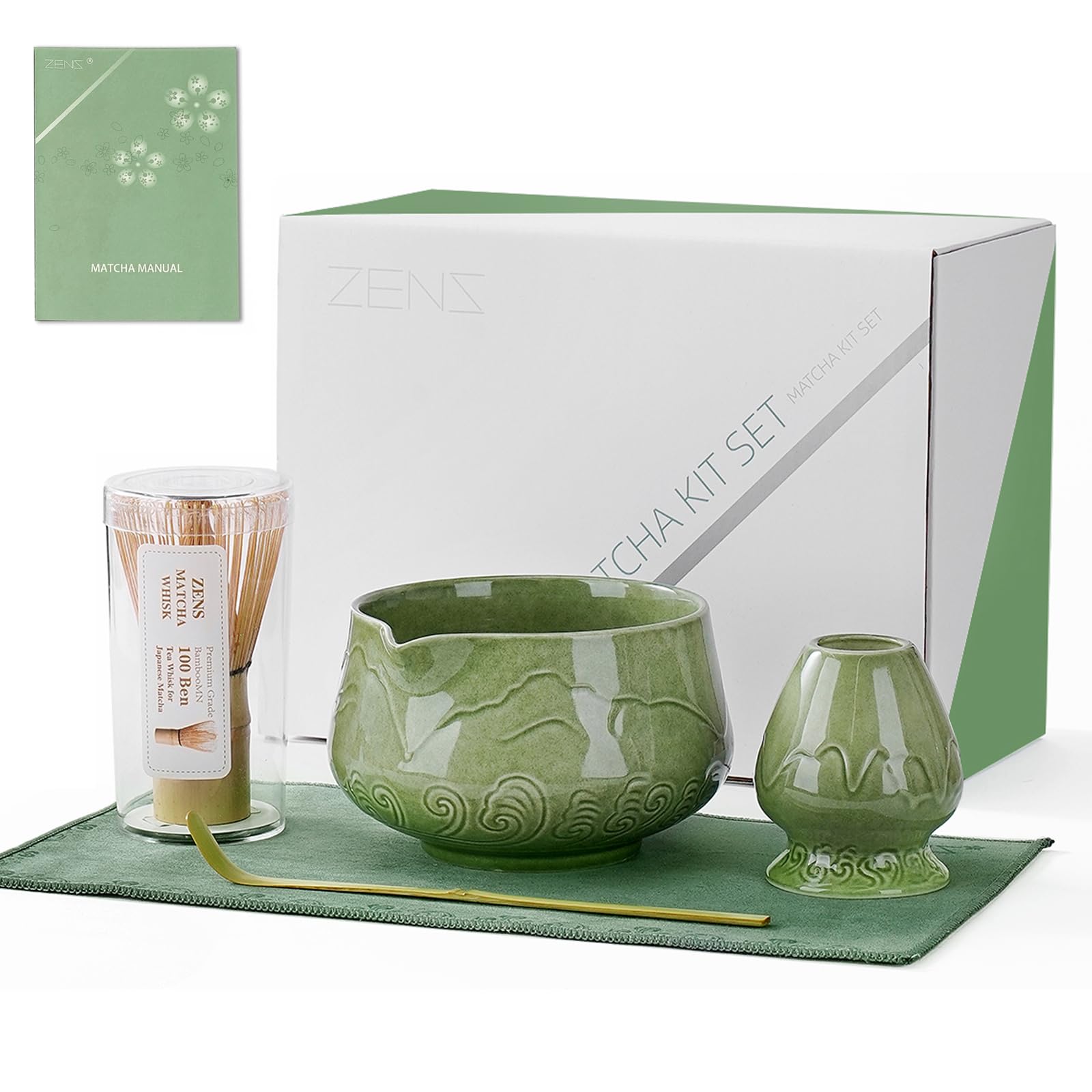 ZENS Juego de batidores de matcha, cuenco de cerámica para matcha de 17 onzas con boquilla y batidor de bambú, cuchara y paño de té, kit de 5 piezas para ceremonia de matcha, verde esmeralda