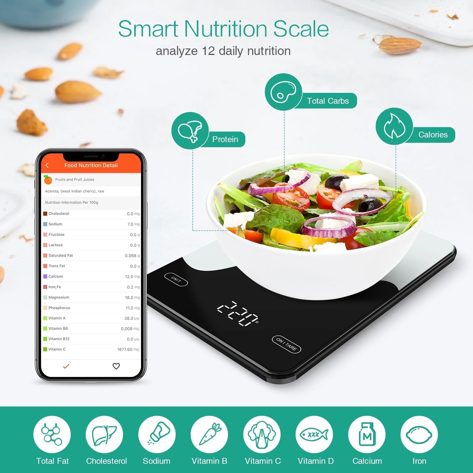 Balance Cuisine Balance alimentaire numérique 10kg balances de cuisine intelligentes avec calculatrice nutritionnelle APP balance gramme Rechargeable for cuisson perte poids