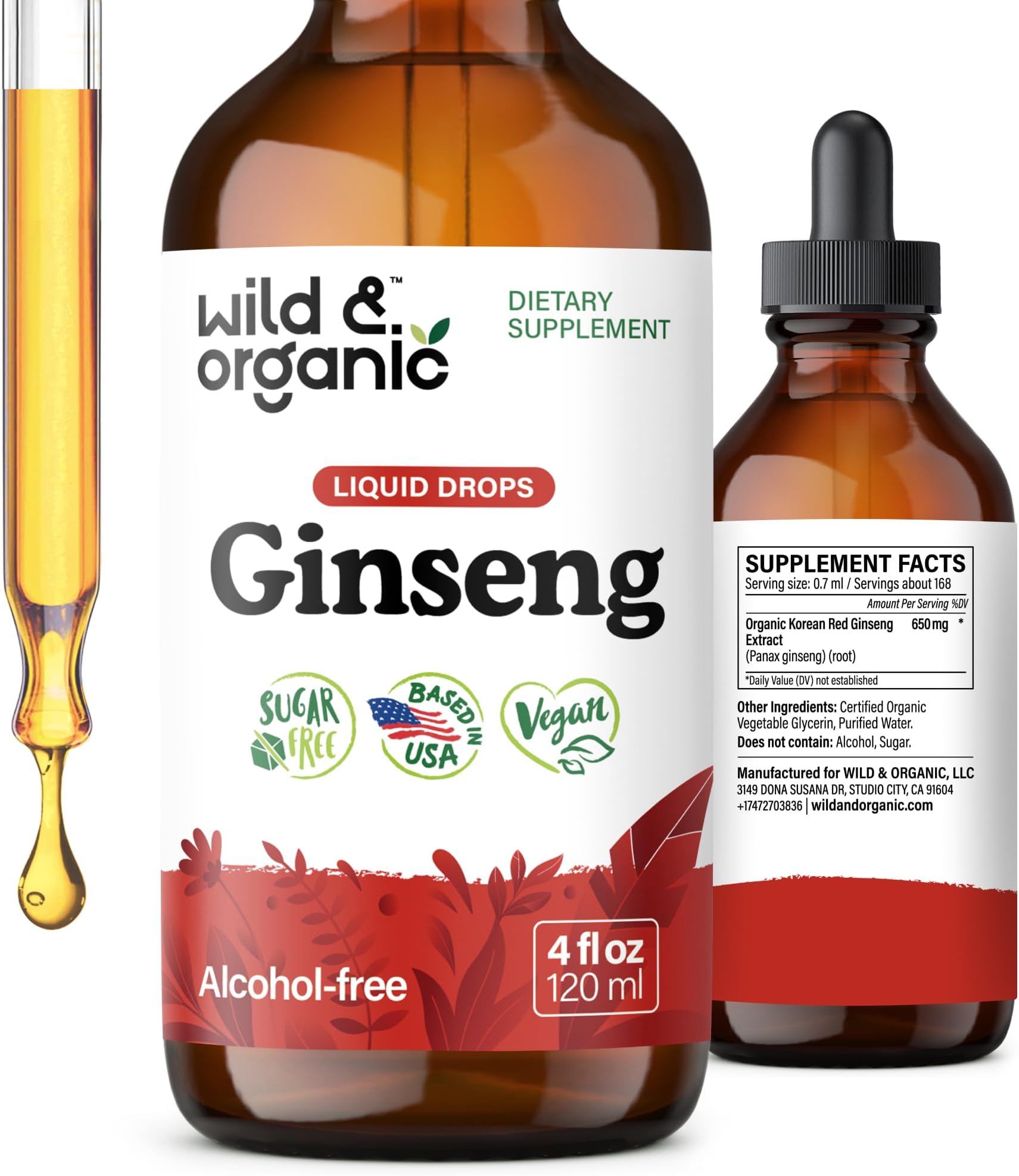 Wild & Organic Korean Panax Ginseng Extract Liquid Drops - Immune Support - Red Ginseng Root Supplement - Easy to Add to Tea - Vegan, Sugar & Alcohol-Free Tincture - 4 fl oz