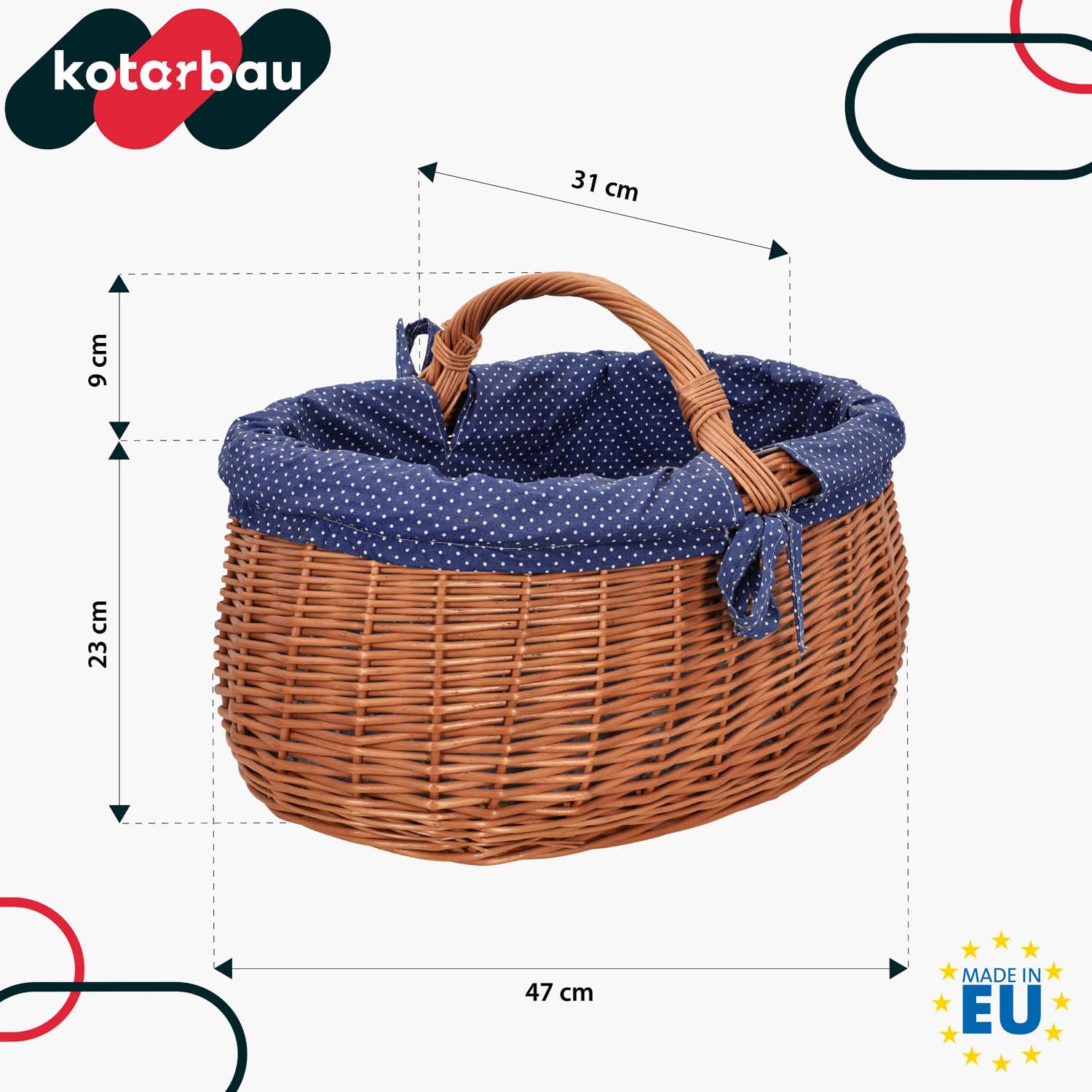 KOTARBAU® Weidenkorb mit Henkel - 47 x 31 x 32 cm - Korb mit Henkel - Einkaufskorb - mit Stoffeinlage in Blau - Pilzkorb - Erntekorb - Natürlich - Lebensmittelecht - Weide - Braun