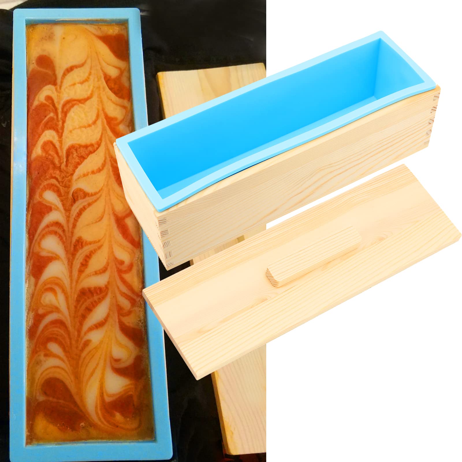 3 Set 1,2 l Silikon-Seifenformen, rechteckig, mit Holzboxen und Deckeln, flexible Seifenformen für Seifenherstellung, DIY hausgemachte Seife, Handwerk, Blau