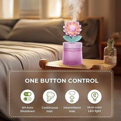 Miniatura 6 de Mini humidificador de flores bonitas, humidificadores de escritorio de girasol de 8.8 fl oz para dormitorio, humidificación portátil de niebla fría