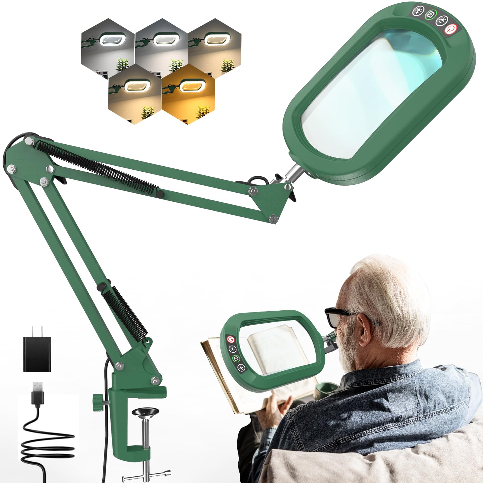 Lupa 10X con luz y abrazadera, cristal auténtico soporte de iluminación, 5 modos de color y regulable sin niveles, lámpara de escritorio LED manos libres para manualidades, aficiones, lectura, pintura