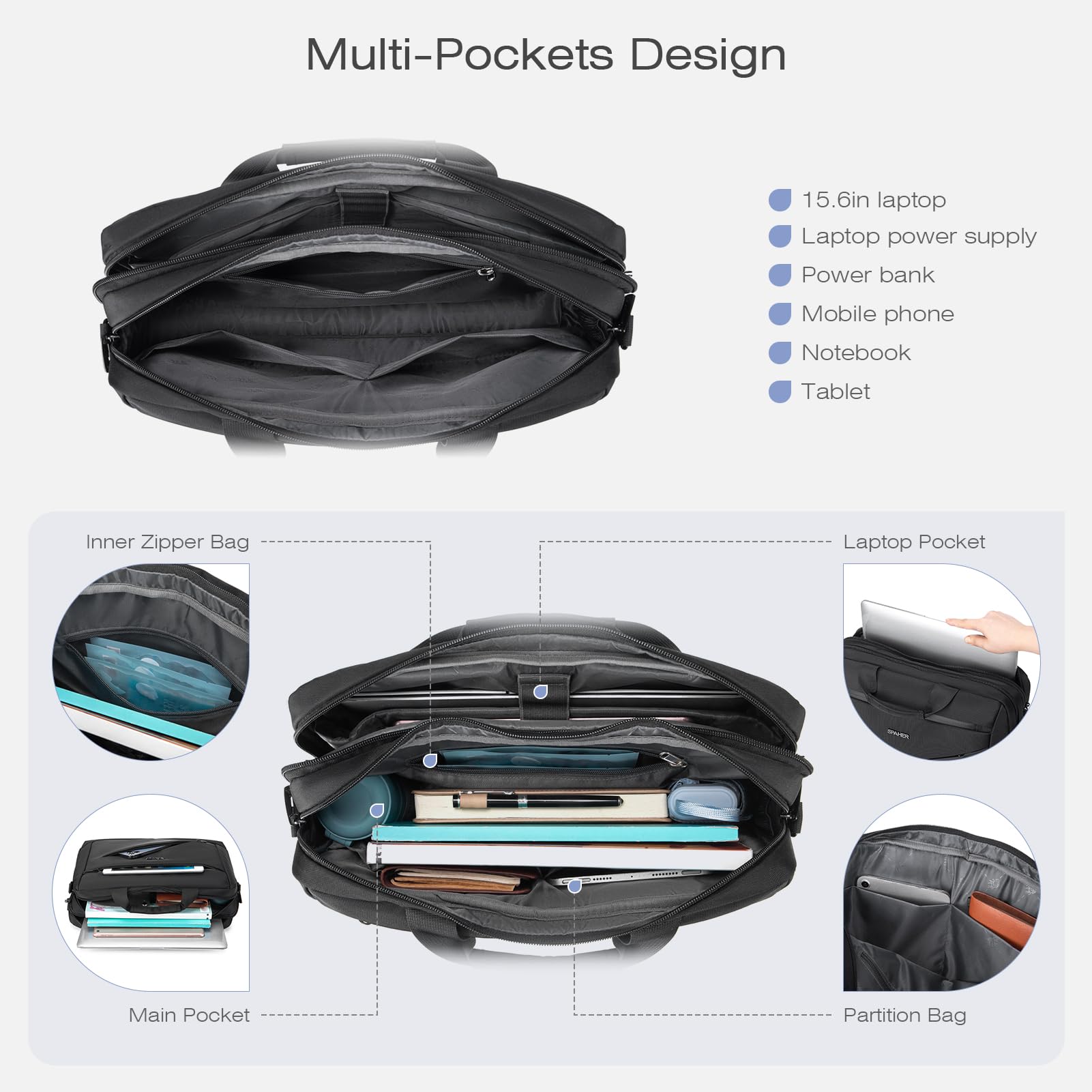 SPAHER Bolso Bandolera Portátil 15,6/16 Pulgadas Maletin Portatil Bolsa de Transporte para Ordenador Bolsa de Mensajero de Hombro Laptop Trabajo Bolsa Ordenador Portatil, Negro