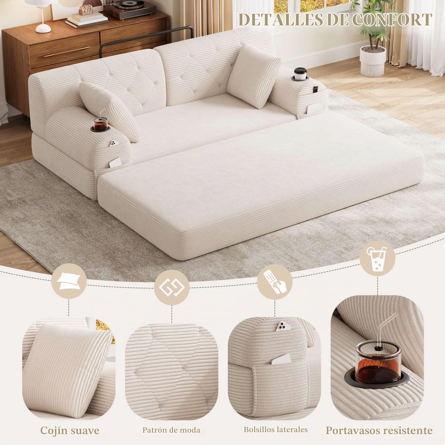 YEHTOKHOME - Sofá de Velor acanalado con respaldo alto y estructura metálica, sofá moderno de 2 plazas con 2 portavasos y 4 bolsillos laterales, para salón, dormitorio (Beige)