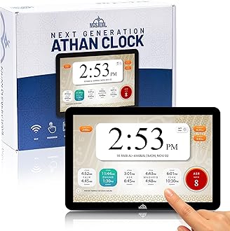 Masjidal 8" Digital Azan Clock with WiFi, Dynamic Touch Screen, Worldwide Prayer Times, Full Quran Player, Islamic Art, Streaming Halal Muslim Content: Duas, Dhikr, Hadith, Verse of The Day, Black