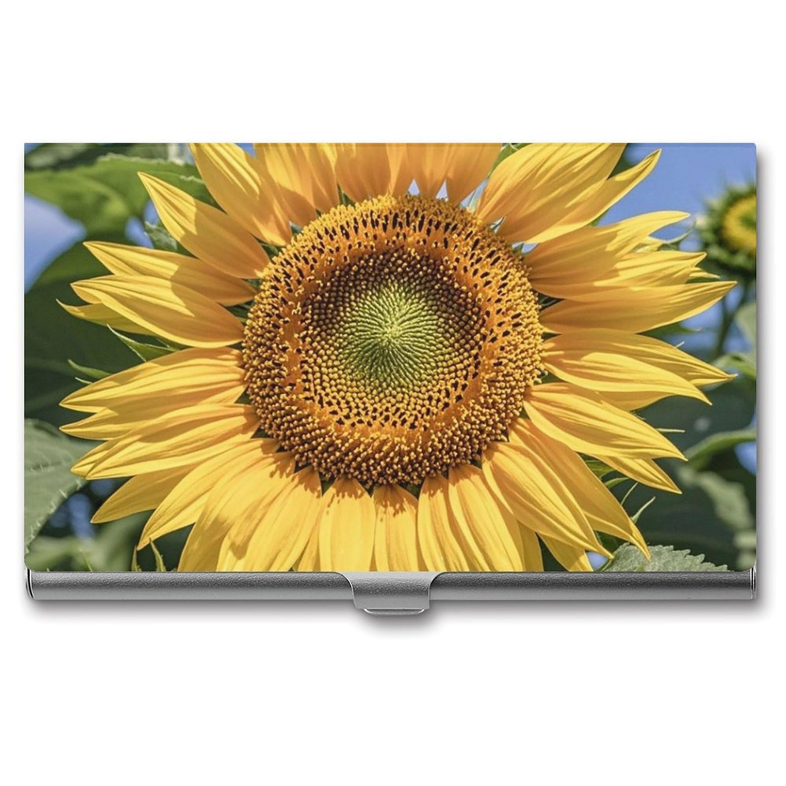 BTCOWZRV Sunflower Business Card Holder Metal Slim Business Card Case, Pocket Card Holder for Men Women Purse Name Card Holder Stainless Steel Wallet Credit ID Case for Office