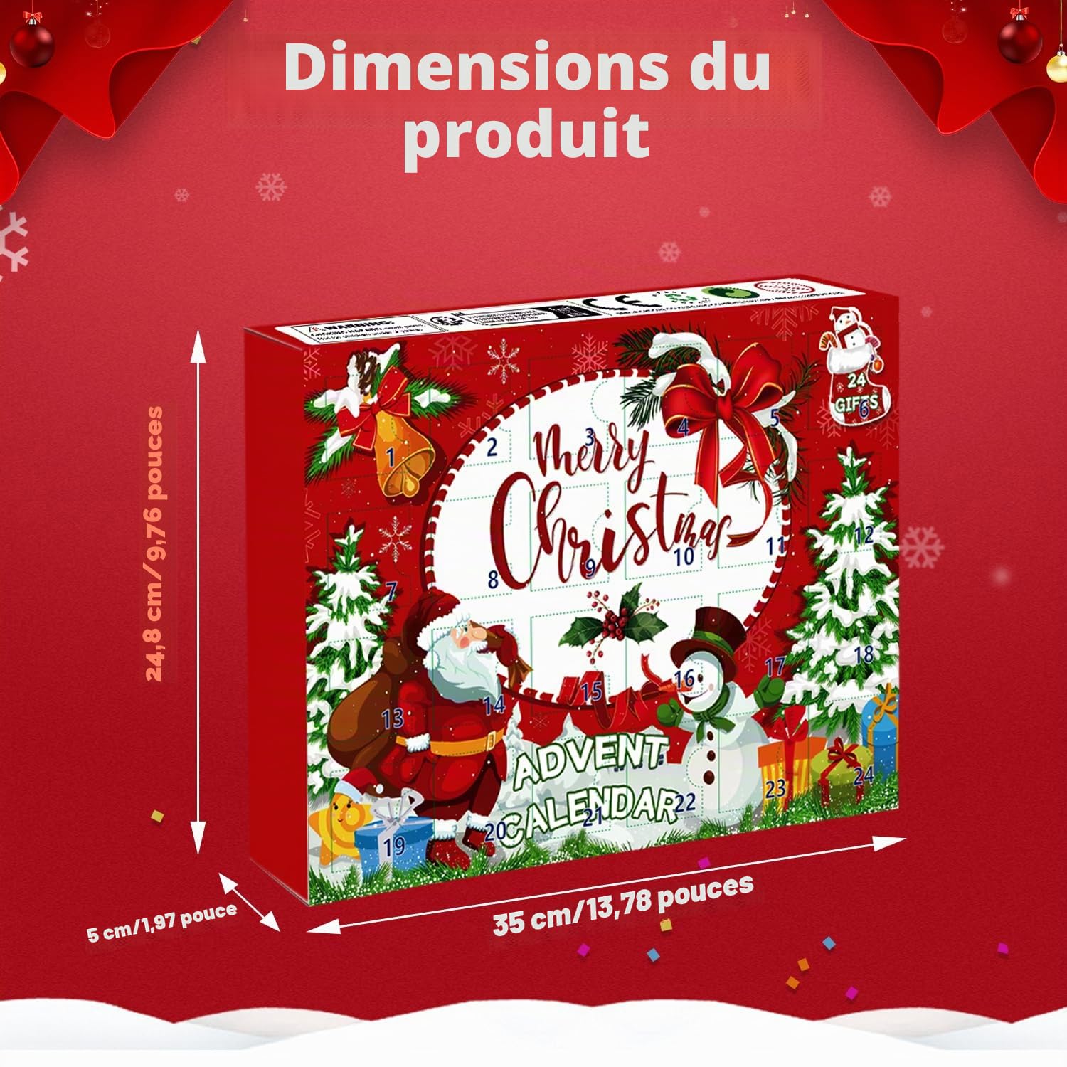 Calendrier de l'Avent 2026 24 jours de Noël avec joli motif chaussettes pour Noël (rouge, 36-42)