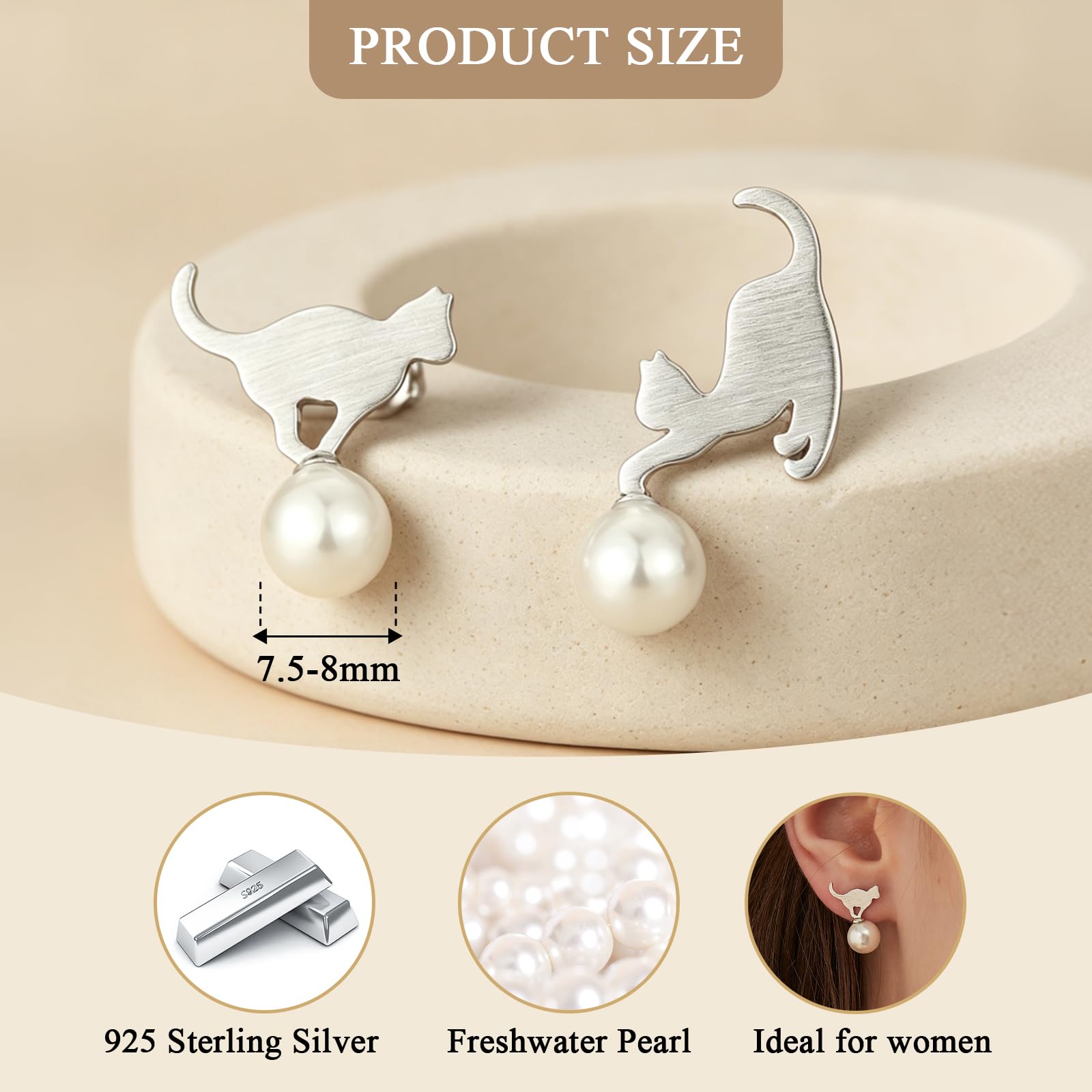 Orecchini in Argento 925 a Forma di Animale Carino gatto/cervo Orecchini Perle, gioielli Perle Bianche nero di Donna 8mm