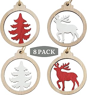 Wooden Reindeer Christmas Tree Ornaments - Set of 8 - Wooden Tree & Deer Hanging Ornament - Rustic Farmhouse Xmas Decorati...